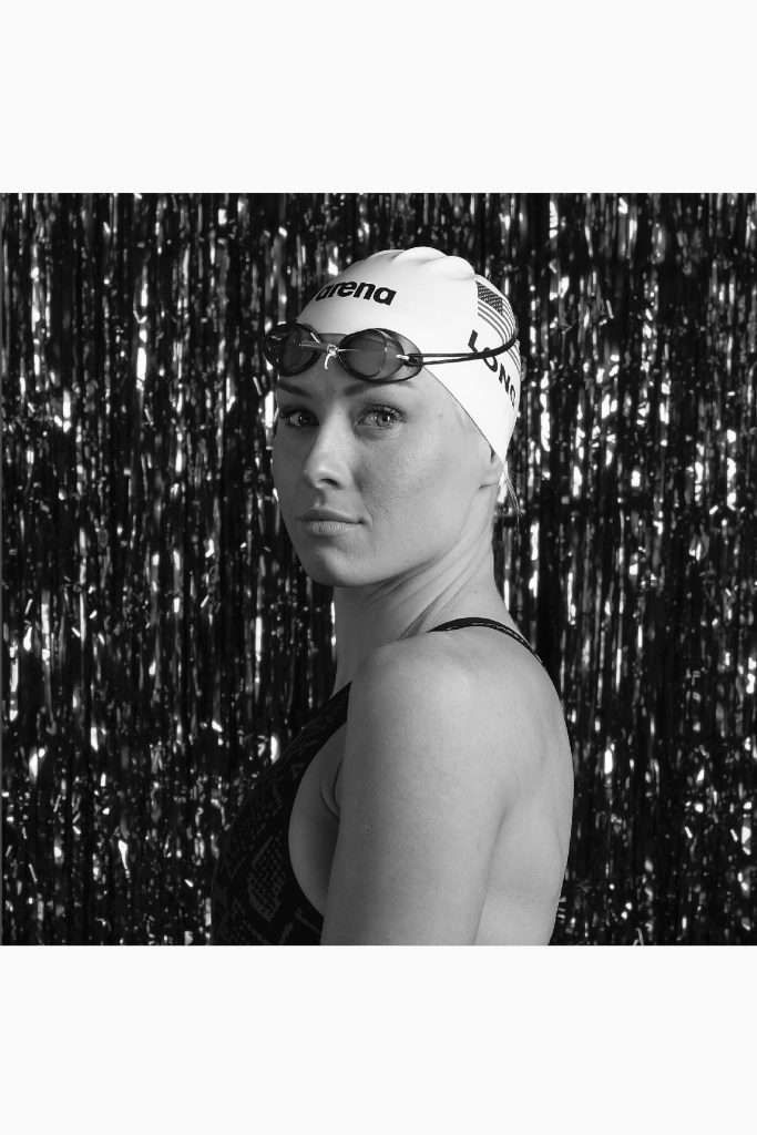 Jessica Long in Swim cap and suit black and white portrait